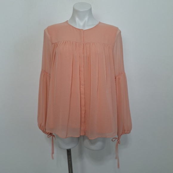 Halston Peach Chiffon Coquette Balletcore Pleated Balloon Sleeve Blouse Size S - Picture 1 of 13